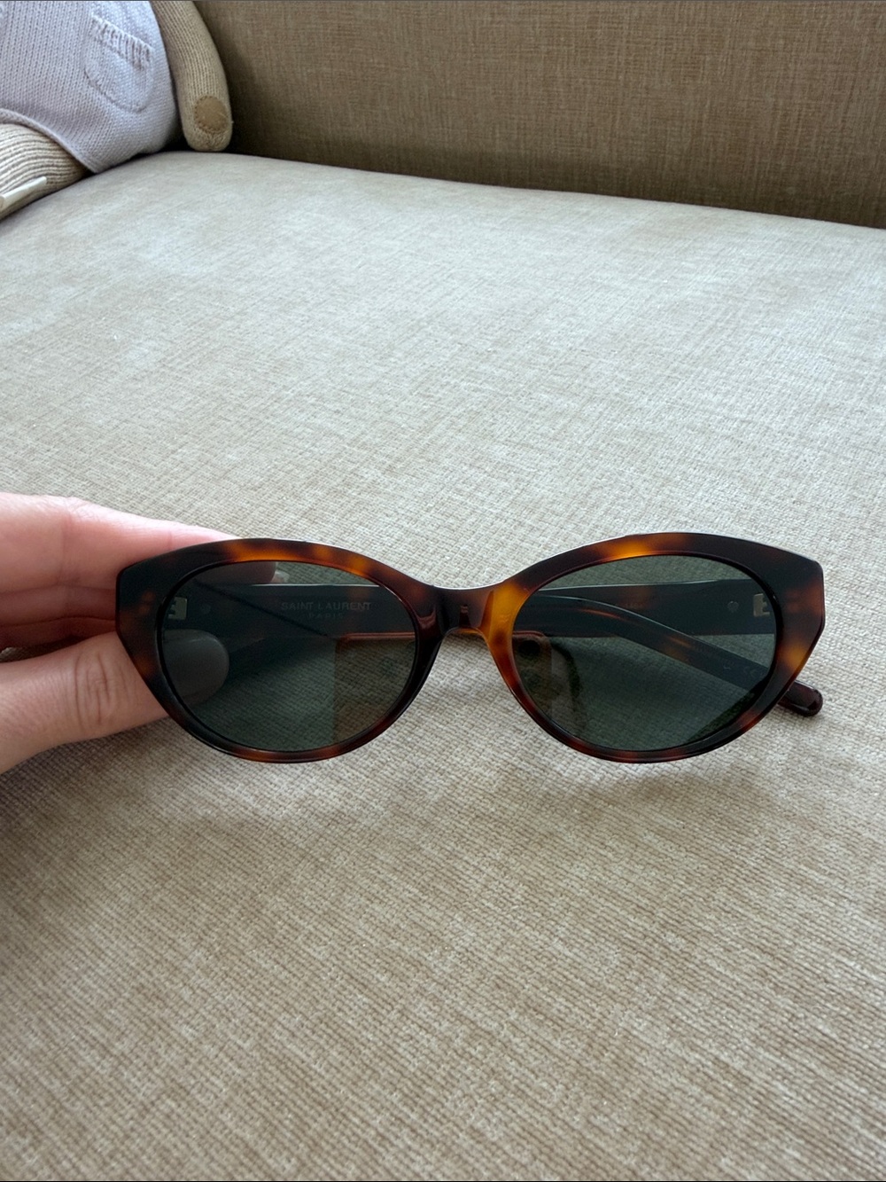 Saint Laurent Tortoiseshell Oval Sunglasses with Dark Green Lenses